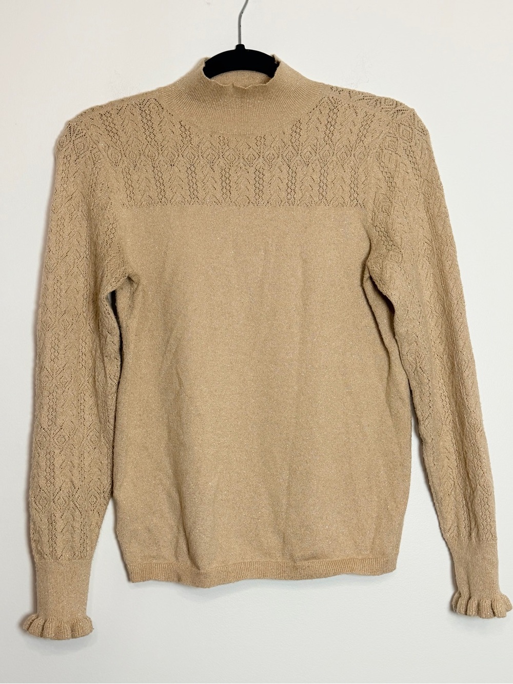 LOFT Gold Metallic Mock Neck Pointelle Sweater S